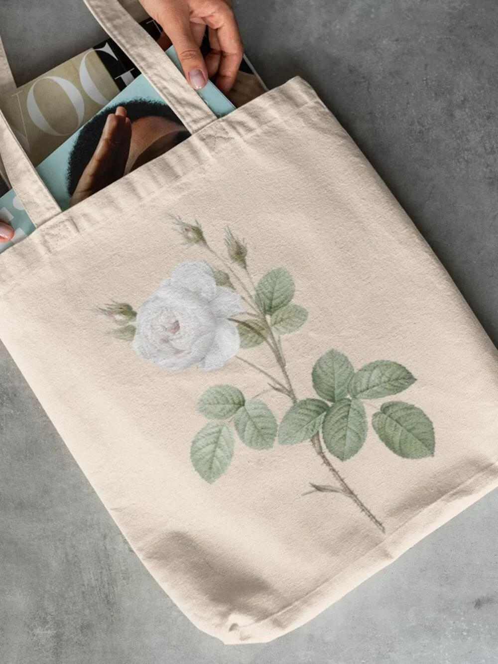 White Moss Rose Vintage Floral Print Graphic Canvas Tote Bag